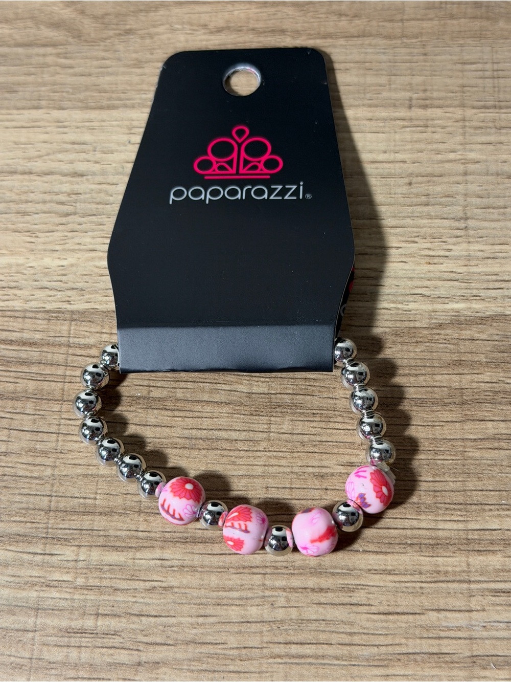 paparazzi Pink Floral Stretch Bracelet with Silver Beads